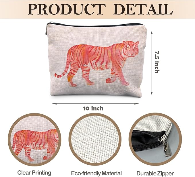 Preppy Tiger Makeup Bag, Trendy Pink and Orange Tiger Cosmetic Bags for Women, Tigers Gifts Makeup Pouch, Animal Lovers Gift Zipper Pouch