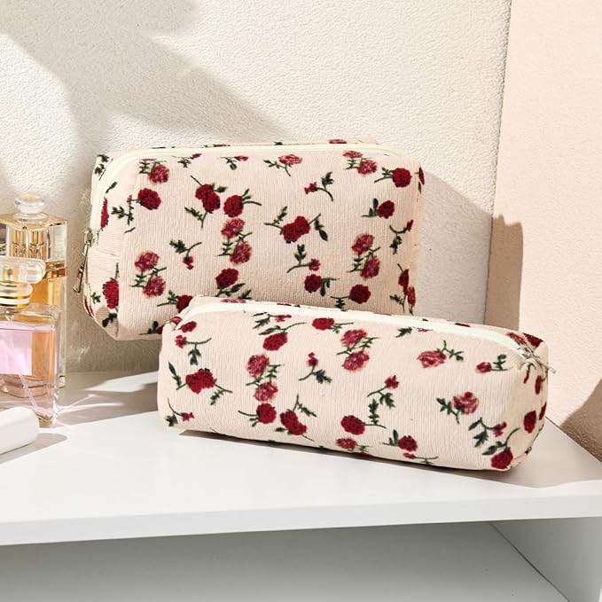 SOIDRAM Makeup Bag Floral Cosmetic Bag Cute Makeup Pouch 1Pcs Large Capacity Makeup Bags and 1Pcs Makeup Brushes Storage Bag Travel Toiletry Bag Organizer