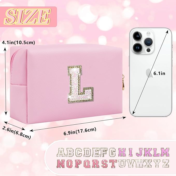 Initial Letter Patch Makeup Bag, Small Preppy A-Z Glitter Letter Cosmetic Bag, PU Leather Waterproof Travel Toiletry Bag, Cute Make Up Pouch Personalized Monogrammed Gift for Women Teen Girls