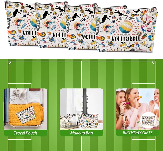 4pcs Volleyball Cosmetic Bag for Women, Volleyball Makeup Bag Pouch Accessories for Players Teams Stuff, Sport Party, Birthday Graduation Gifts for Her Women Friends