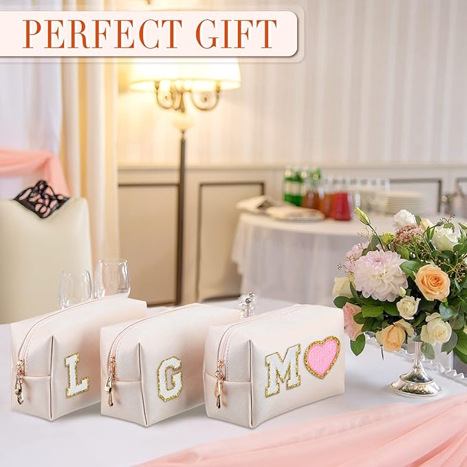 Sanwuta 9 Pcs Makeup Bags Bulk PU Double Zippers Cosmetic Bag Makeup Toiletry Christmas Small Pouch Portable Travel Organizers Case for Women Bridesmaid Party End of The Year(Ivory White)