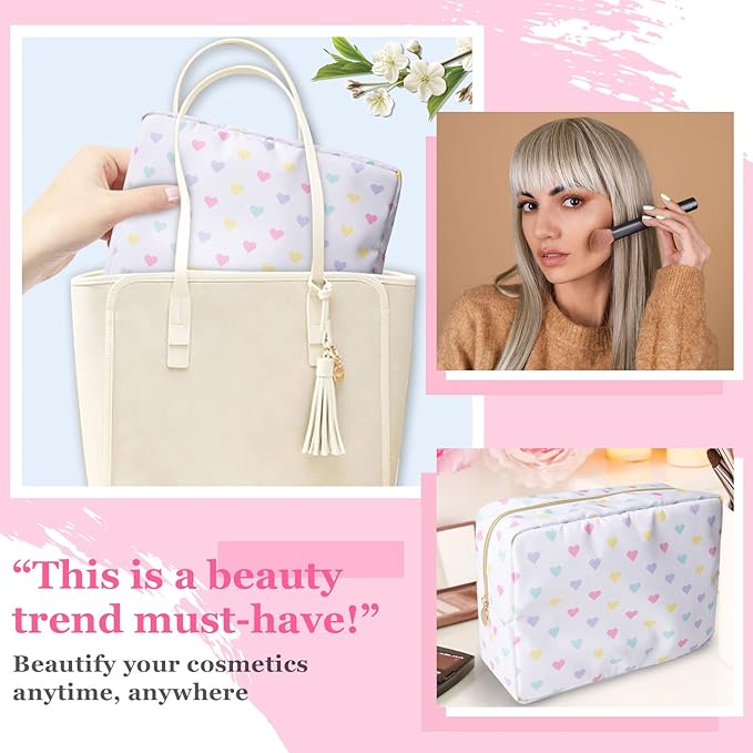 Nylon Large Makeup Bag Travel Cosmetic Bag Pouch, Big Preppy Makeup Bag Cute Cosmetic Zipper Pouch Purse, Waterproof Toiletry Bag Clutch Makeup Organizer Travel Essentials for Women Girl(White-Heart)