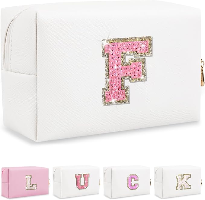 Personalized Initial Letter Makeup Bag, Preppy Glitter Letter Patch Cosmetic Pouch Zipper,PU Waterproof Travel Toiletry Bag Cute Makeup Organizer Monogrammed Make Up Bag,Gift for Women Girls(Letter F)