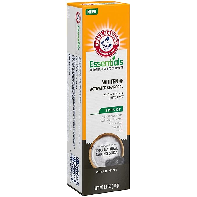 ARM & HAMMER Essentials Fluoride-Free Toothpaste Whiten + Activated Charcoal-12 Pack of 4.3oz Tubes, Clean Mint- 100% Natural Baking Soda
