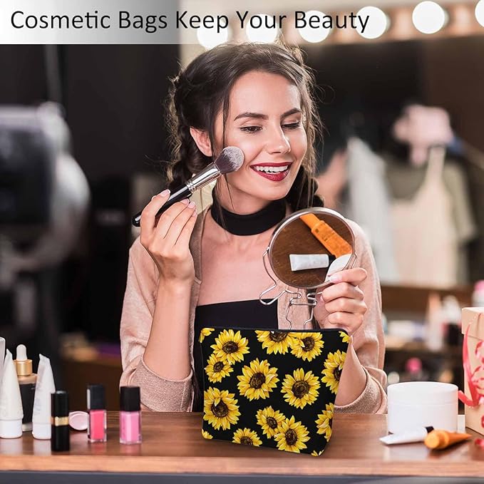 Sunflower Cosmetic Bags For Women, Blossom Sunflowers Yellow Roomy Makeup Bag Toiletry Bag Accessories Organizer Storage Bags Makeup Pouch For Travel Business Gym Camping Bathroom