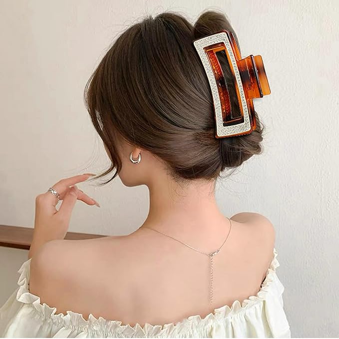 SINIDE Rhinestone Hair Claw Clips, Square Crystal Jaw Clip Nonslip Acrylic Claw Clips for Thick Long Hair, Fashion Elegant Clamps Accessories for Women Ladies Strong Hold Barrette for Styling (2 Pack)