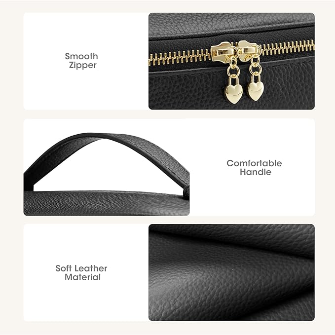 Kattee Makeup Bag for Women, Leather Cosmetic Bag, Working Makeup Bags for Ladies with Handles, Portable Travel Toiletry Bag,Black
