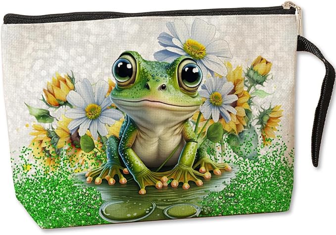 Jztco Cute Frog Makeup Bag Frog Gifts Frog Themed Gifts for Women Animal Lover Her Mom Wife Best Friend Aunt Niece BFF Toiletry Bag Mothers Day Graduation Birthday Gifts Daisy Flower Cosmetic Bag