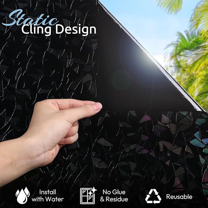 rabbitgoo Window Privacy Film Rainbow Film Decorative Window Sticker, 3D Static Stained Glass Cling Tint for Room Darkening Day Sleep, Black, 23.6 x 78.7 inches