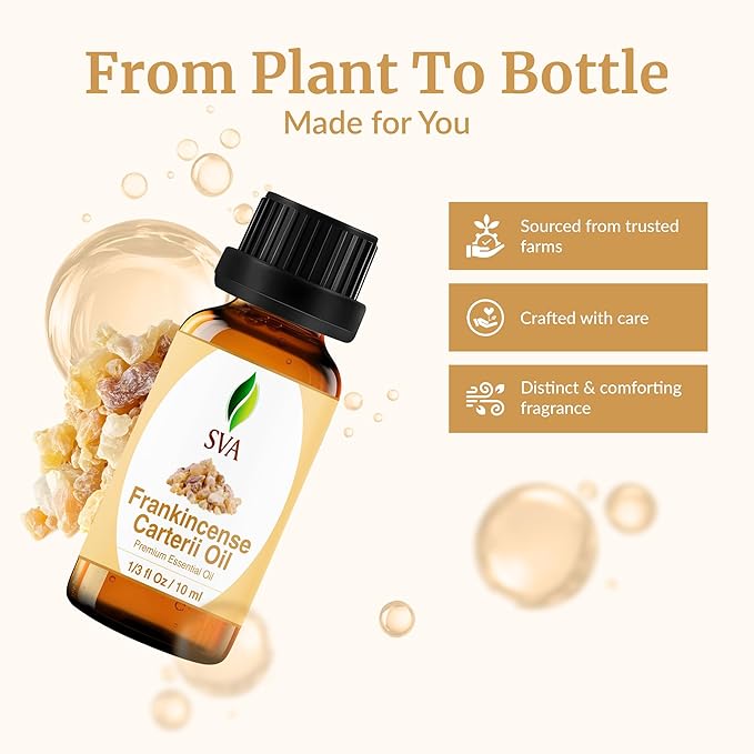 SVA Frankincense Essential Oil – 1/3 Fl Oz – 100% Natural Boswellia Carterii Oil - for Diffuser, Hair Care, Face, Skin Care, Aromatherapy, Scalp and Body Massage, Soap and Candle Making