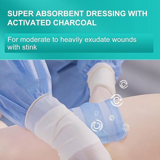 Dimora Upgrade Super Absorbent Dressing with Activated Charcoal, Superior Anti-Odor Moisture Absorpting Wound Dressing 4"x8" 10 Packs