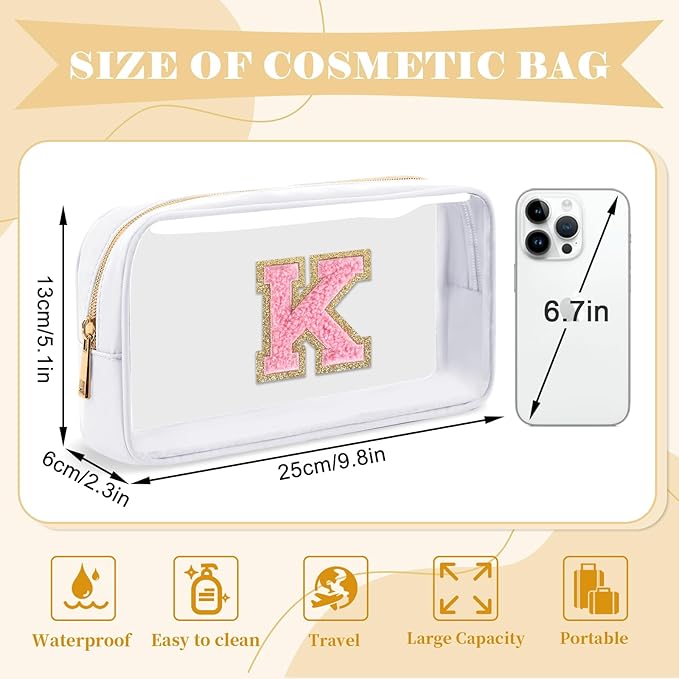Personalized Initial Letter Clear Makeup Bag,Preppy Small Nylon&PVC Cosmetic Zipper Bag with Chenille Letter,Travel Skincare Toiletry Bag,Monogram Christmas Gift for Teen Girls Women,K