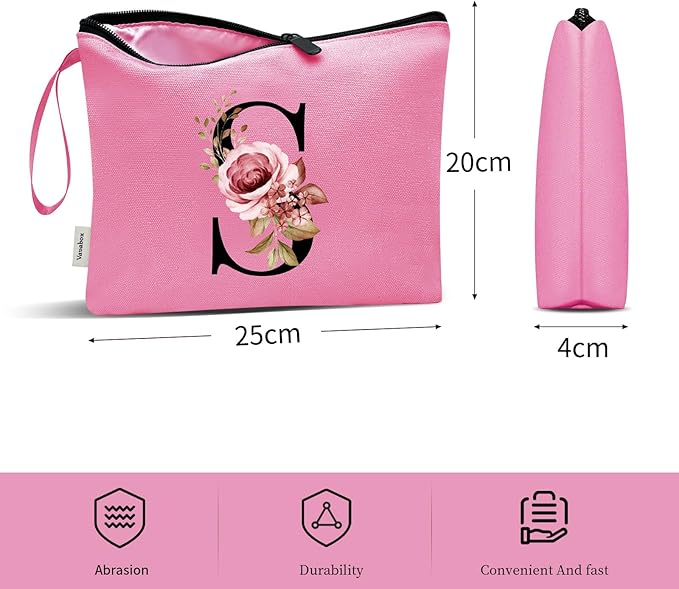 Vavabox A-Z Personalized Makeup Bag, Birthday Gifts for Women Mom, Gifts for Best Friend, Bride Bridesmaid Cosmetic bag (S, Peach)