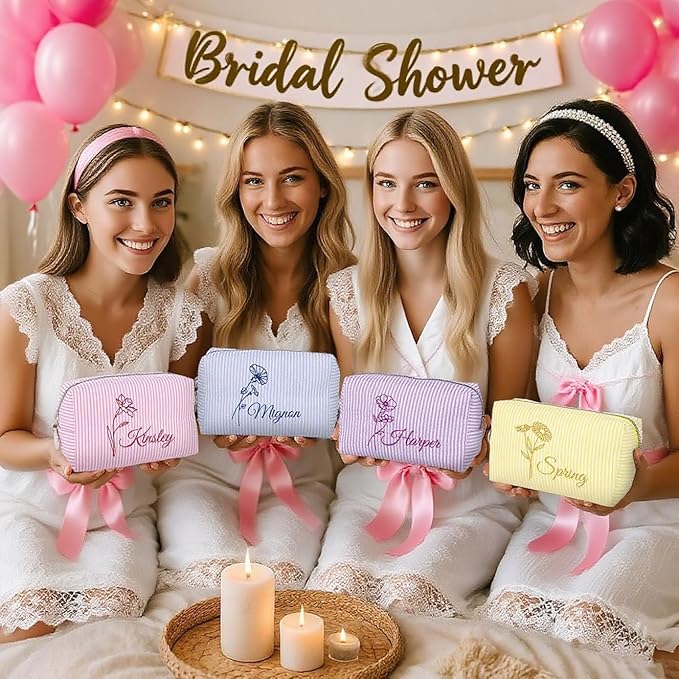 DayOfShe Personalized Makeup Bag Embroidered with Name&Birth Flower for Birthday Bridesmaids Gifts, Custom Seersucker Cosmetic Toiletry Bags Stocking Stuffers for Teen Girls Women Gifts