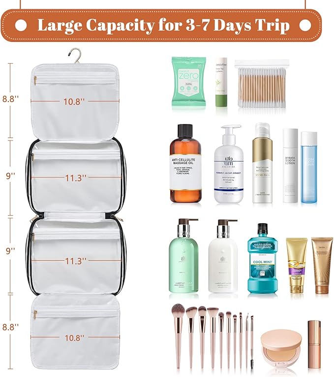 Bosidu Hanging Travel Toiletry Bag,Large Capacity Cosmetic Travel Toiletry Organizer for Women with 4 Compartments & 1 Sturdy Hook,Perfect for Travel/Daily Use/Christmas