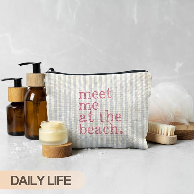 Coastal Beach Makeup Bag, Meet Me at the Beach Cosmetic Bags for Women, Gifts for Ocean Lovers, Preppy Cute Blue Striped Beachy Nautical Zipper Makeup Pouch