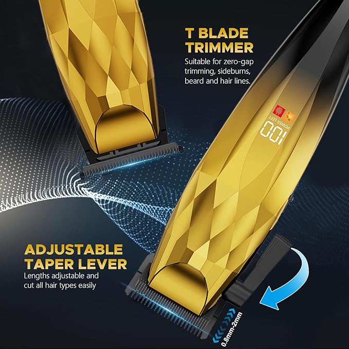 2-in-1 Professional Hair Clippers Set,Cordless Hair Clippers and T-Blade Trimmer Kit for Men,LCD Display,USB Rechargeable,Adjustable Guards,Waterproof,Beard & Body Grooming Kit (Gold)