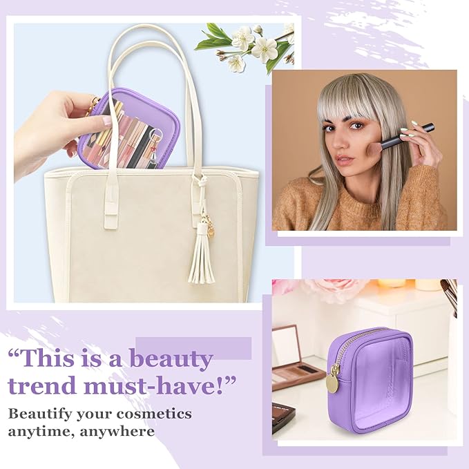 Mini Clear Travel Makeup Organizer Bag for Purse, Small Cute Makeup Bag Preppy Cosmetic Zipper Pouch Purse, Transparent PVC & Nylon Travel Coin Pouch Sanitary Napkin Storage Bag for Women Girl(Purple)