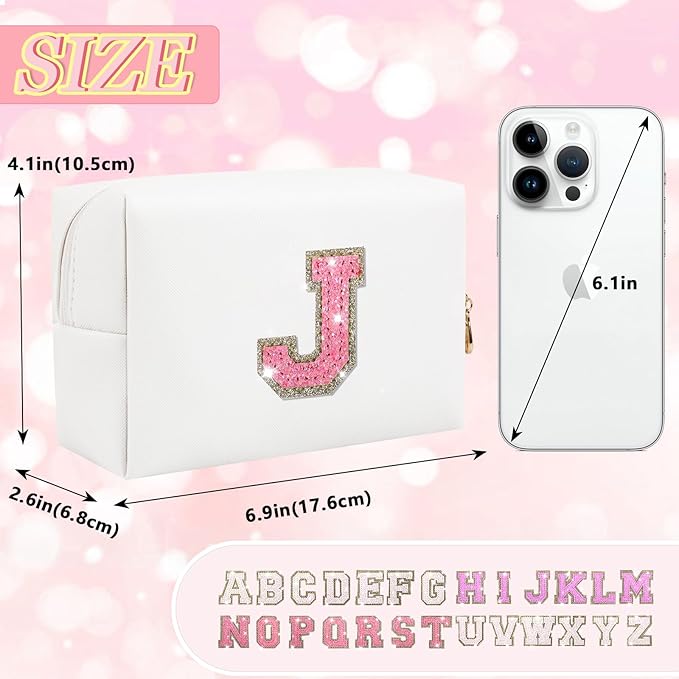Initial Letter Patch Makeup Bag, Small Preppy A-Z Glitter Letter Cosmetic Bag, PU Leather Waterproof Travel Toiletry Bag, Cute Make Up Pouch Personalized Monogrammed Gift for Women Teen Girls