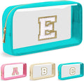 Personalized Initial Letter Clear Makeup Bag,Preppy Small Nylon&PVC Cosmetic Zipper Bag with Chenille Letter,Portable Beach Travel Skincare Toiletry Bag,Trendy Monogram Gift for Teen Girls Women,E