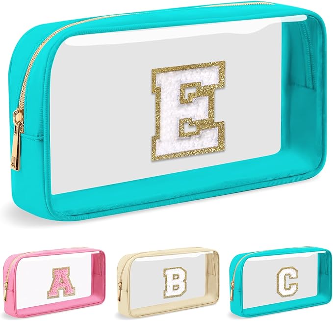 Personalized Initial Letter Clear Makeup Bag,Preppy Small Nylon&PVC Cosmetic Zipper Bag with Chenille Letter,Portable Beach Travel Skincare Toiletry Bag,Trendy Monogram Gift for Teen Girls Women,E
