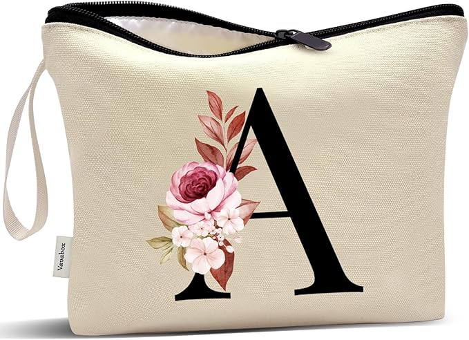 Vavabox A-Z Personalized Makeup Bag, Birthday Gifts for Women Mom, Gifts for Best Friend, Bride Bridesmaid Cosmetic bag (A, Yellow)