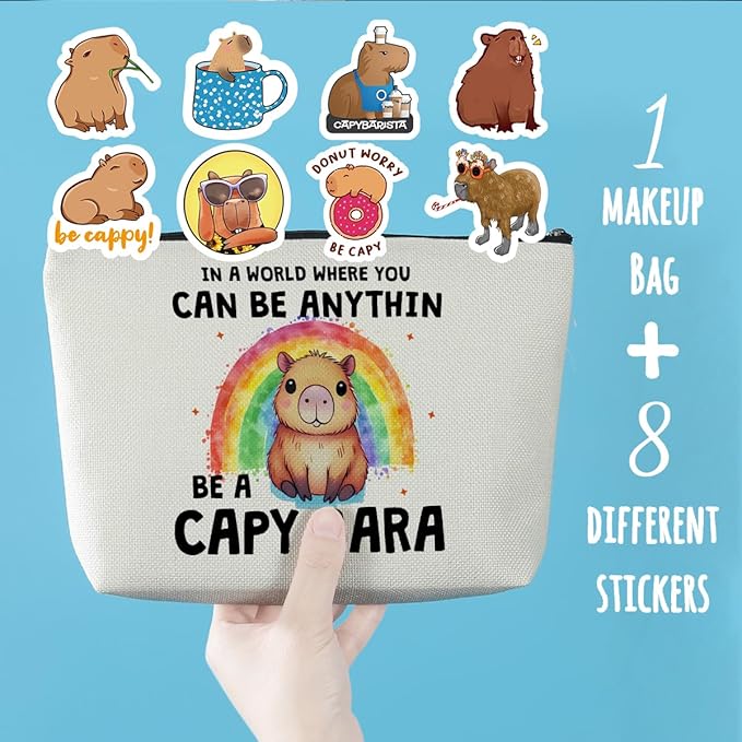 Funny Capybara Makeup Bag Capybara Gifts Cosmetic Bag with 8 PCs Stickers Animal Lover Gifts for Women Girls Daughter Best Friends Niece Capybara Stuff Graduation Birthday Gifts Travel Toiletry Bag