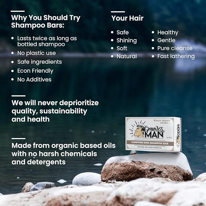 Grown Ass Man Co. - Solid Shampoo Bar Rich Lather 3 in 1: Hair, Beard & Body Wash - Plastic Free & Eco-Friendly, Natural & Organic Clean for All Hair Types, 4oz Bar (Campfire King, Single)
