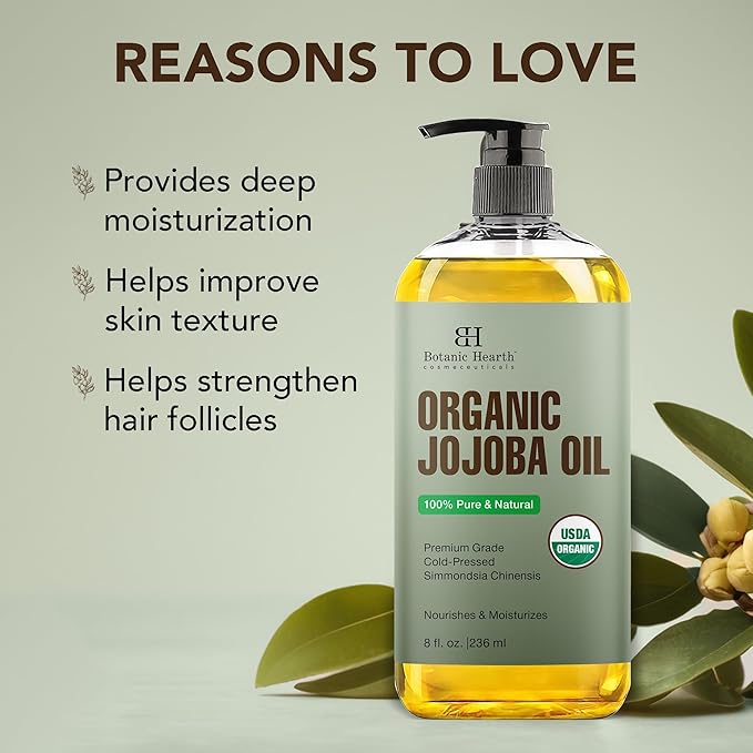 Botanic Hearth Organic Jojoba Oil (Styling Oil, 8 fl oz) | 100% Pure, Cold Pressed & Hexane Free | Ideal for Skin, Hair & Nails