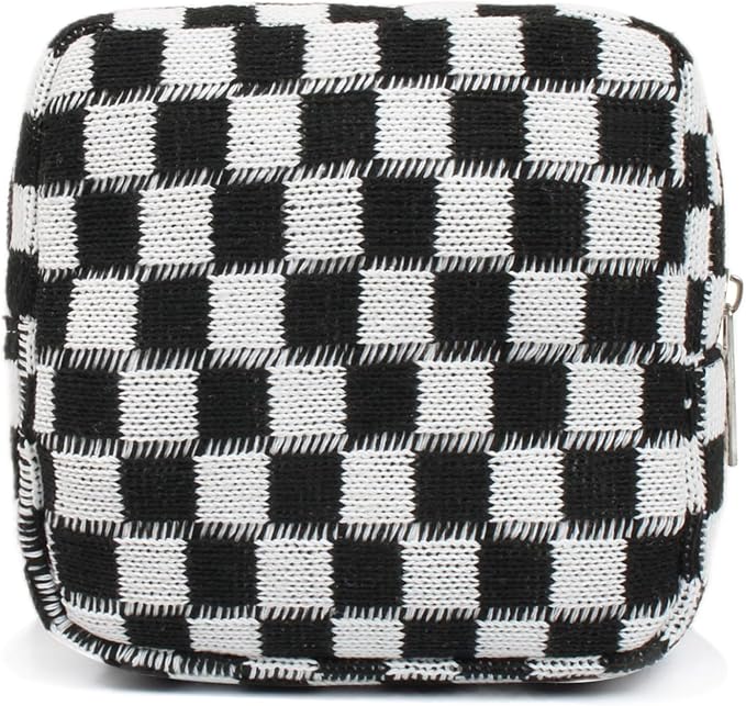 Small Black Makeup Bag for Purse, Mini Checkered Cosmetic Bag Zipper Cute Make Up Pouch Travel Toiletry Bag Quilted Aesthetic Accessories Makeup Storage Bag Organizer for Women Girls