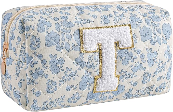 Gleyemor Personalized Initial Makeup Bag for Women, Cute Quilted Blue Floral Cotton Cosmetic Bag, Christmas Gifts for Her Mom Friend Sister Bridesmaid Teacher Women T