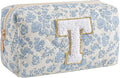 Gleyemor Personalized Initial Makeup Bag for Women, Cute Quilted Blue Floral Cotton Cosmetic Bag, Christmas Gifts for Her Mom Friend Sister Bridesmaid Teacher Women T