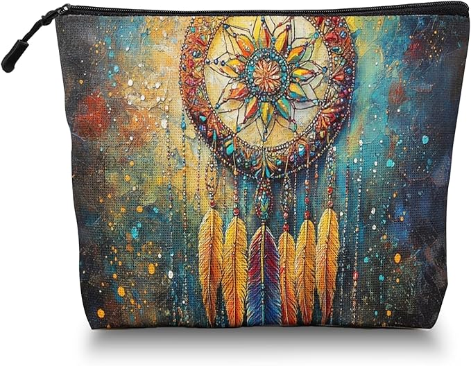 Cosmetic Bags Travel Makeup Toilet Case Waterproof Pouch for Women Girls 6.7X9.45inches - Ornate Dreamcatcher With Colorful Feathers And Beads