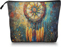 Cosmetic Bags Travel Makeup Toilet Case Waterproof Pouch for Women Girls 6.7X9.45inches - Ornate Dreamcatcher With Colorful Feathers And Beads