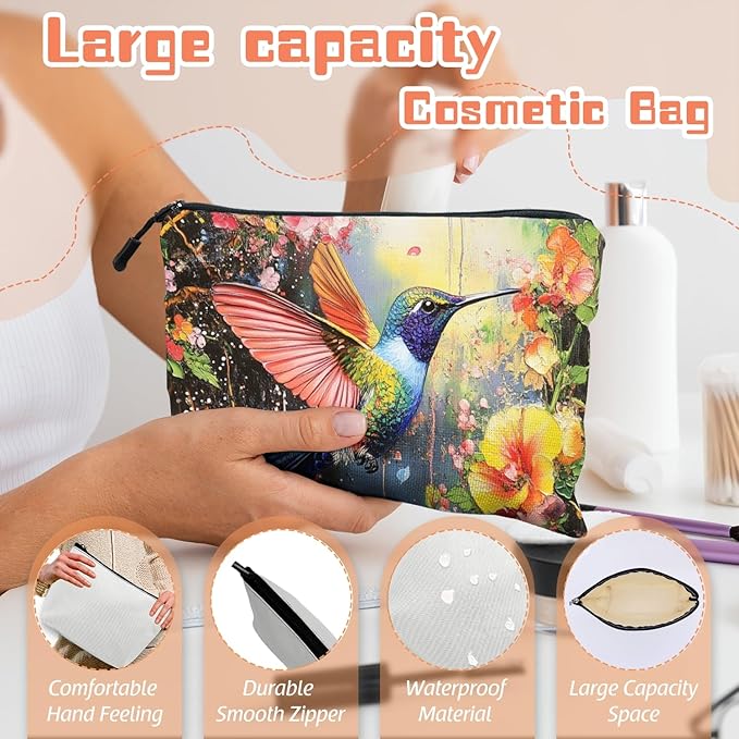 Cosmetic Bags Travel Makeup Toilet Case Waterproof Pouch for Women Girls 6.7X9.45inches - Colorful Hummingbird in A Floral Flight