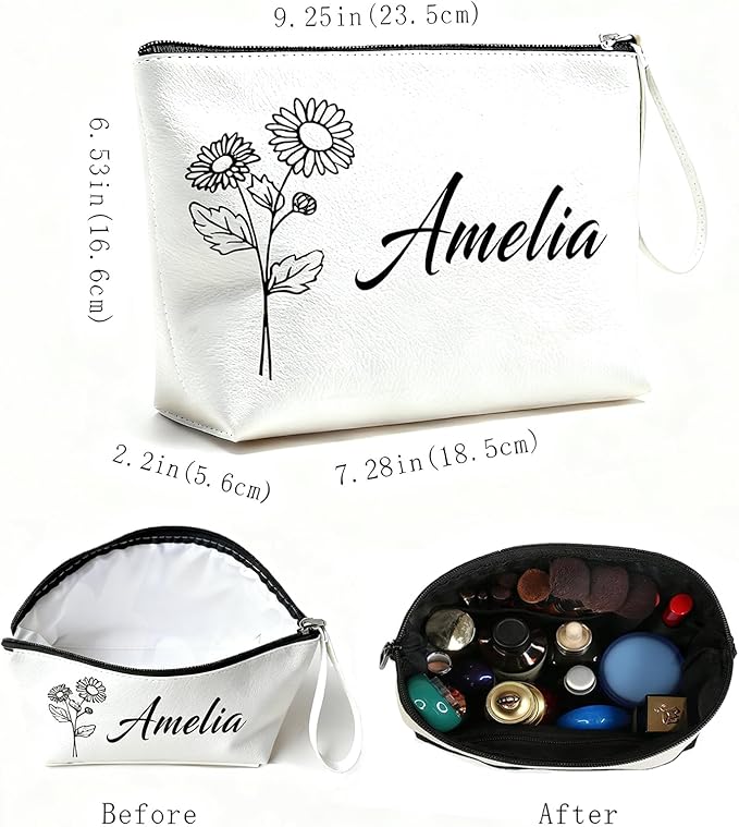 Personalized Makeup Bag Initial&Birth Flower Custom Small Travel Cosmetic Bag with Name Cute Makeup Bag for Women Girls