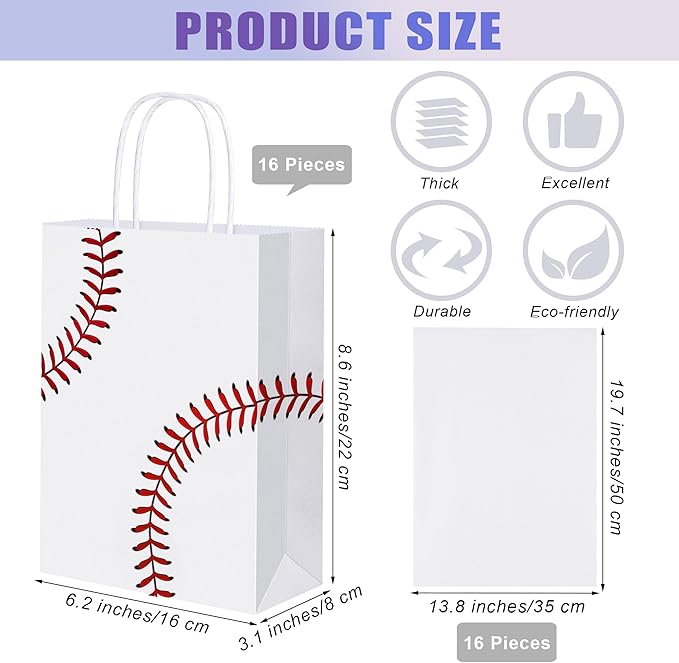 durony 16 Pieces Baseball Party Favor Bags with Handles Tissue Paper Gift Bags Goodie Candy Treat Bag for Birthday, Baseball Themed Party Supplies (8.6 x 6.2 x 3.1 Inches)