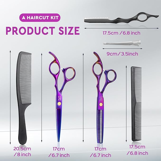 JASON Hair Scissors Professional - 10 PCS Haircut Scissors Set, Thinning Shears for Hair Cutting with 30 Teeth, Straight Shears for Men Women Home Salon Barber (6.7", Purple)