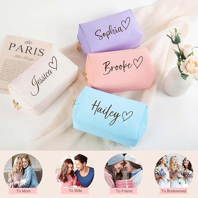 Personalized Makeup Bag with Name & Birth Flower, Custom Leather Cosmetic Bags for Women, Customized Travel Toiletry Bag Gifts for Bridesmaid Wedding