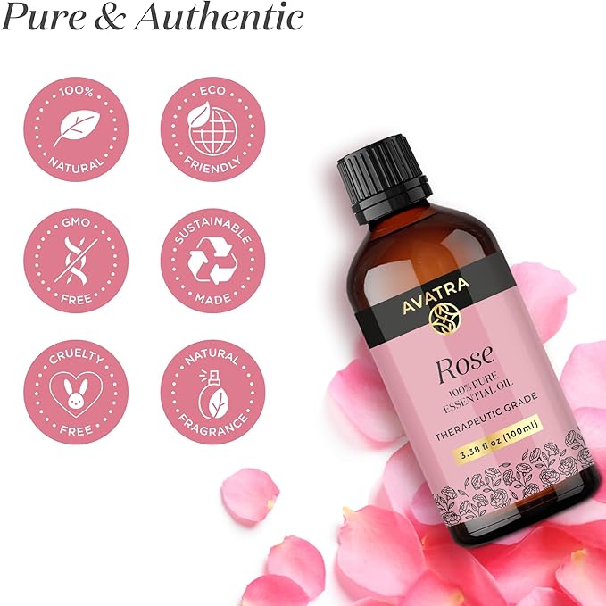 Avatra Rose Essential Oil 100ML (3.38 OZ) with Glass Dropper and Travel Bottle, Pure and Natural Therapeutic Grade Lavender Oil for Diffuser, Aromatherapy, Massage, and DIY Candle Products