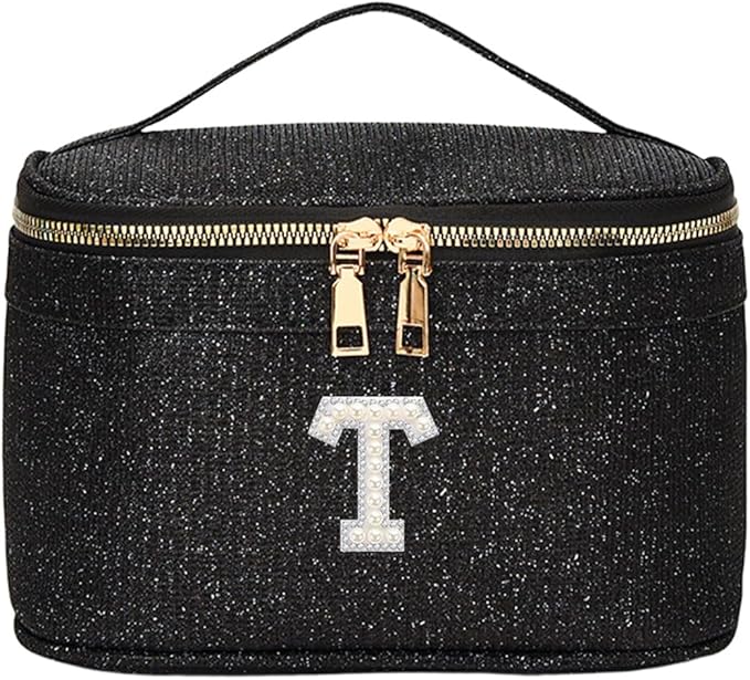 EURYNOME Makeup Bag with Custom Letter T, Water-Resistant Travel Organizer Pouch, (8.3x5.1x5.1 Inch) Cosmetic Case for Women
