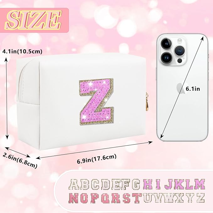 Initial Letter Patch Makeup Bag, Preppy Glitter Pouch Cosmetic Bag, Small PU Travel Toiletry Bag Zipper, Personalized Monogrammed Gift for Friends, Sisters & Teens (Letter Z)