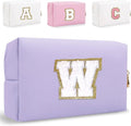 Small Personalized Letter Makeup Bag, Cute PU Leather Chenille Letters Cosmetic Bag Travel Makeup Pouch, Preppy Travel Organizer Zipper Pouch for Women&Girls（Purple-W）