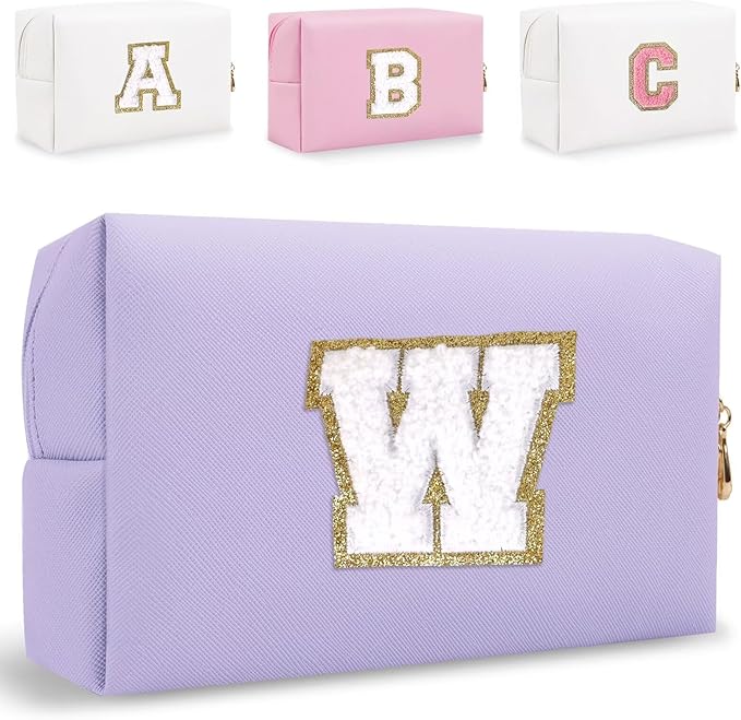 Small Personalized Letter Makeup Bag, Cute PU Leather Chenille Letters Cosmetic Bag Travel Makeup Pouch, Preppy Travel Organizer Zipper Pouch for Women&Girls（Purple-W）