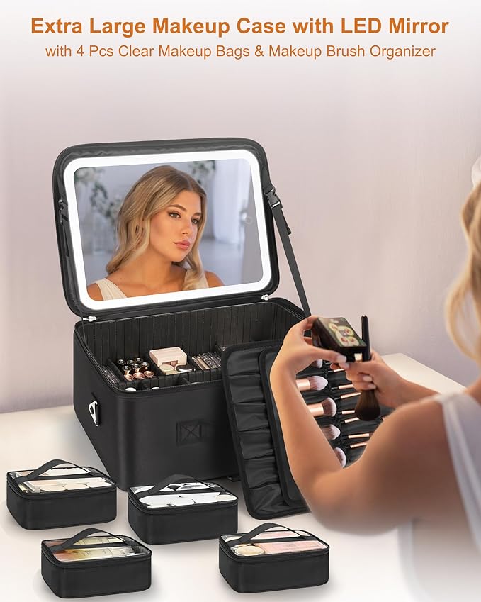 Relavel Extra Large Makeup Bag with LED Mirror, Cosmetic Train Case for Makeup Artists with 4 Removable Pouches and Adjustable Dividers, Hair Supplies Organizer, Travel Portable Mirror with Lights