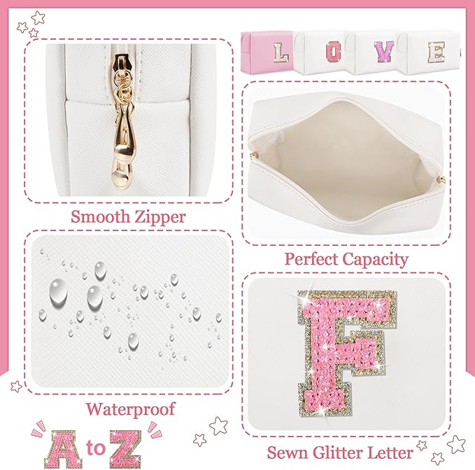 Personalized Initial Letter Makeup Bag, Preppy Glitter Letter Patch Cosmetic Pouch Zipper,PU Waterproof Travel Toiletry Bag Cute Makeup Organizer Monogrammed Make Up Bag,Gift for Women Girls(Letter F)