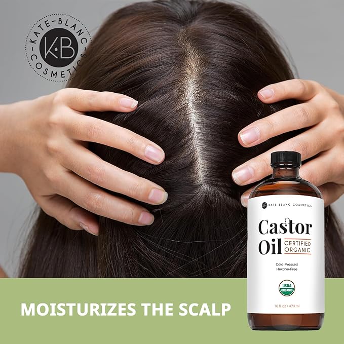 Kate Blanc Cosmetics Castor Oil Organic (16oz), 100% Pure, Cold Pressed, Hexane Free, Glass Bottle. Natural Oil for Hair, Eyelashes, Eyebrows. Skin Moisturizer with Starter Kit