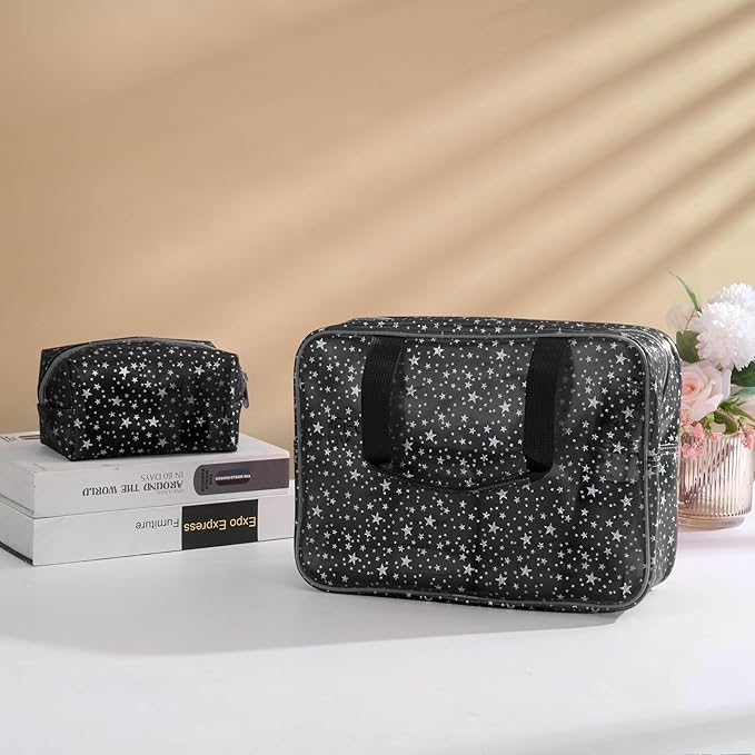 Yaopeing 2Pcs PVC Clear Makeup Bag Organizer for Women,Star Transparent Cosmetic Case Travel Toiletry Pouch with Zipper,Large Make Up Purse for Daily Accessory,Black