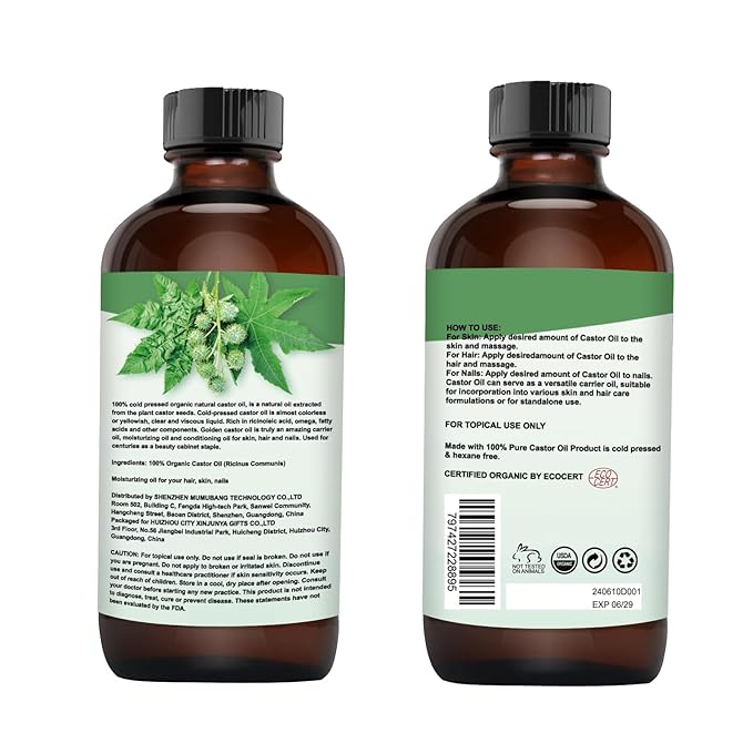 Organic Castor Oil (8oz Glass bottle) USDA Certified 100% Pure Natural, Cold Pressed, Hexane Free. Castor Oil for Hair Growth, Thicker Lashes & Fuller Brows