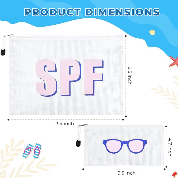 SOIDRAM 2PCS SPF Makeup Bag Clear Zippered SPF Bag Cosmetic Pouch Waterproof Travel Toiletry Organizer for Women Varsity Letter Patch Beach Pool Essentials